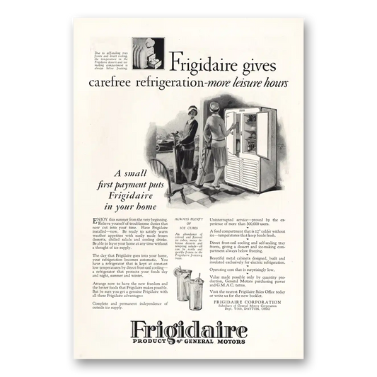 1927 Frigidaire Refrigerator Carefree Refrigeration More Leisure Hours Vintage Magazine Print Ad