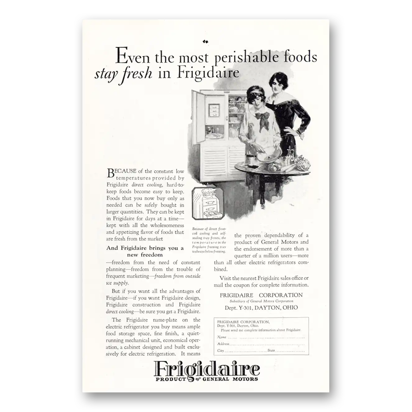 1927 Frigidaire Refrigerator Most Perishable Foods Stay Fresh Vintage Magazine Print Ad