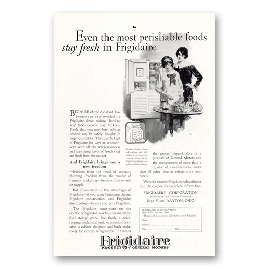 1927 Frigidaire Refrigerator Most Perishable Foods Stay Fresh Vintage Magazine Print Ad