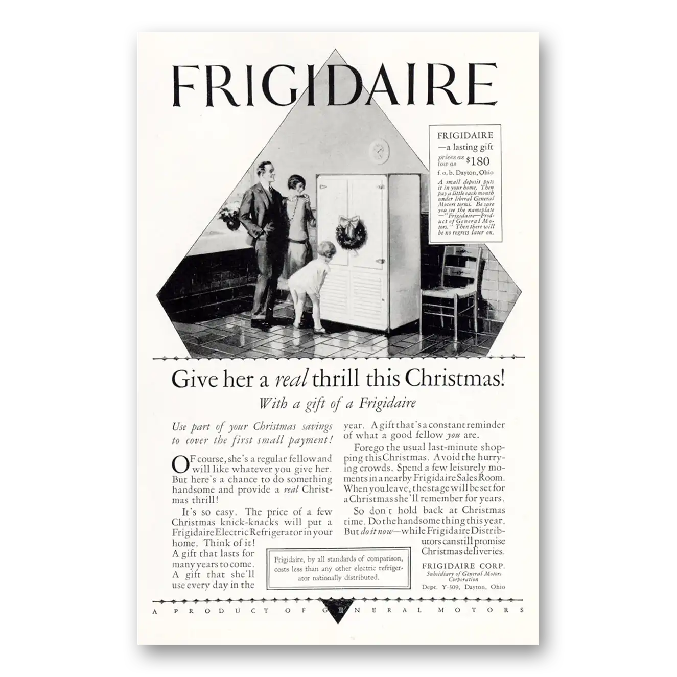 1927 Frigidaire Refrigerator Give Her a Real Thrill This Christmas Vintage Magazine Print Ad