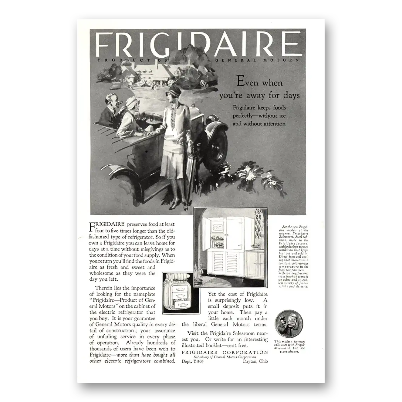 1927 Frigidaire Refrigerator Even When You're Away For Days Vintage Magazine Print Ad