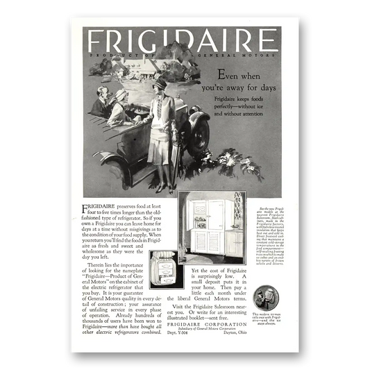 1927 Frigidaire Refrigerator Even When You're Away For Days Vintage Magazine Print Ad