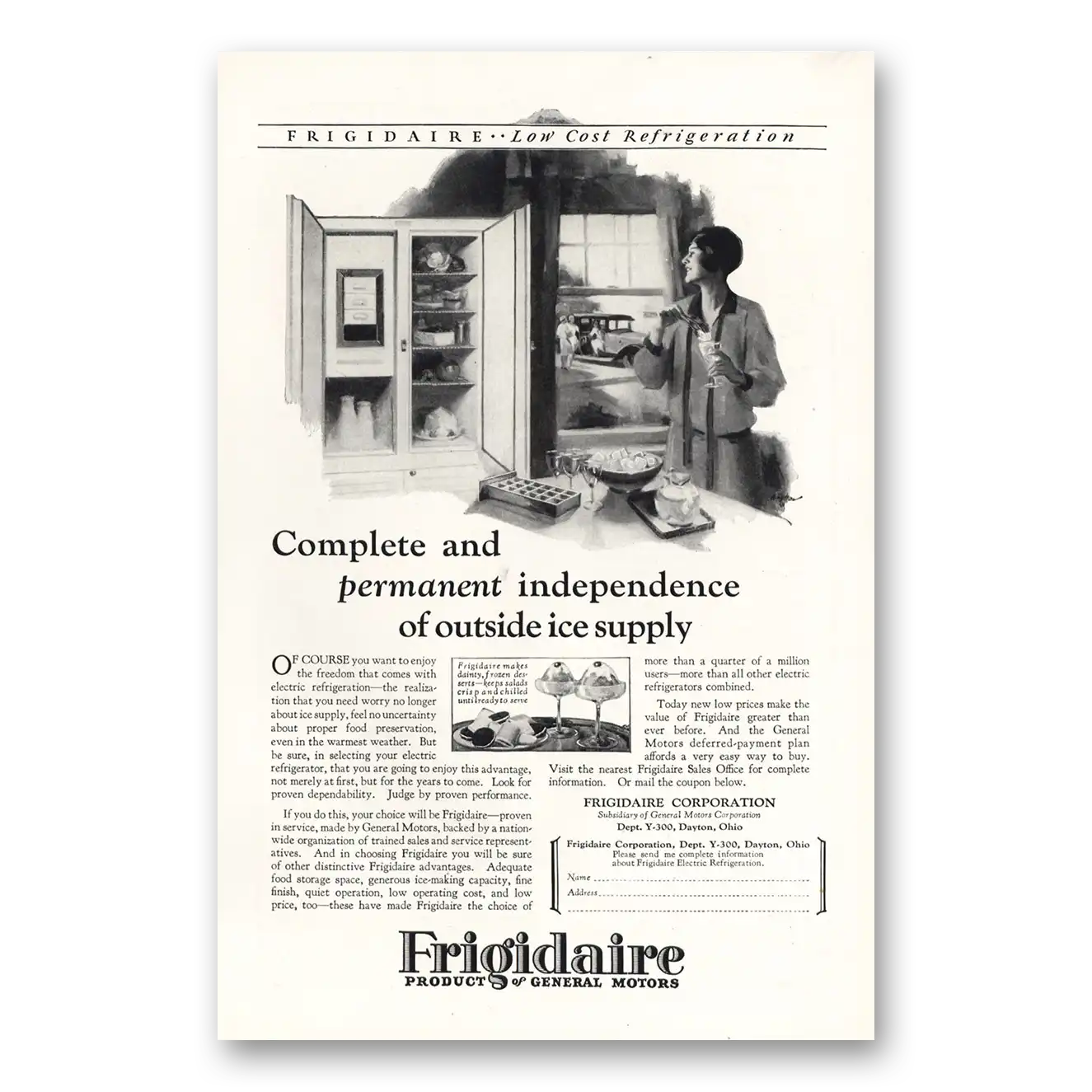 1927 Frigidaire Refrigerator Permanent Independence Outside Ice Supply Vintage Magazine Print Ad