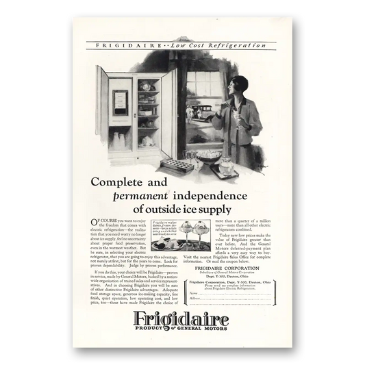 1927 Frigidaire Refrigerator Permanent Independence Outside Ice Supply Vintage Magazine Print Ad