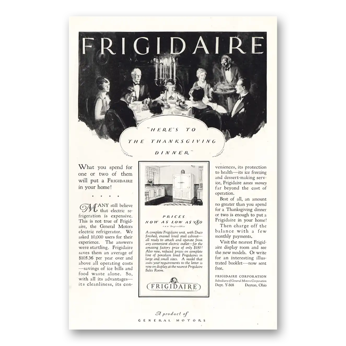 1927 Frigidaire Refrigerator Thanksgiving Dinner Vintage Magazine Print Ad