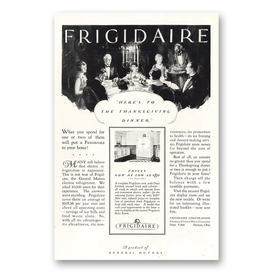 1927 Frigidaire Refrigerator Thanksgiving Dinner Vintage Magazine Print Ad