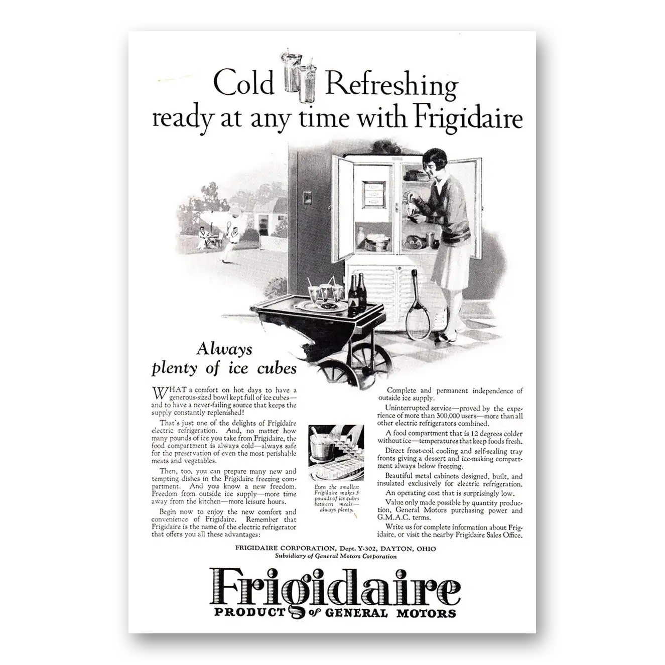 1927 Frigidaire Refrigerator Cold Refreshing Ready at Any Time Vintage Magazine Print Ad