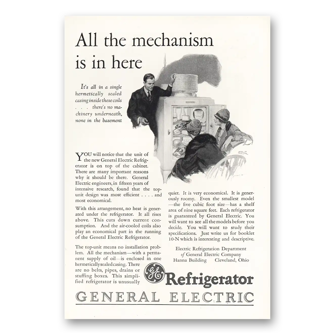 1927 General Electric Refrigerator All the Mechanism Is In Here Vintage Magazine Print Ad