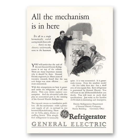 1927 General Electric Refrigerator All the Mechanism Is In Here Vintage Magazine Print Ad