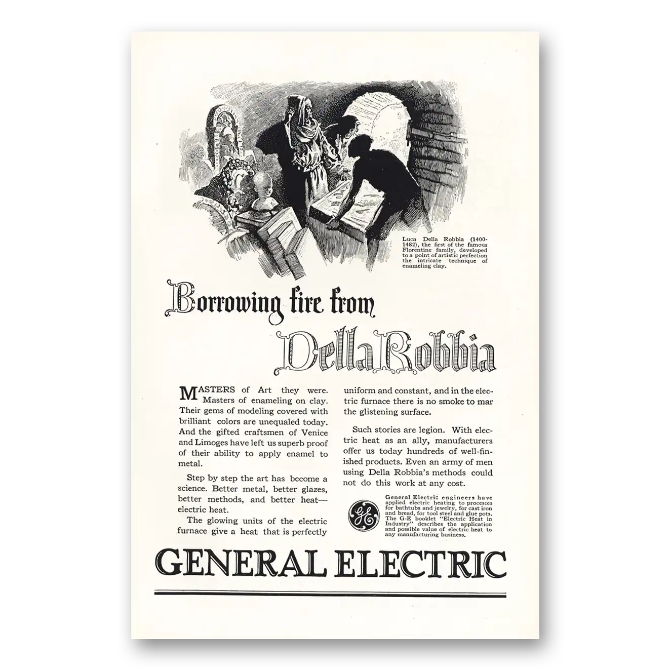 1927 General Electric Borrowing Fire Della Robbia Vintage Magazine Print Ad