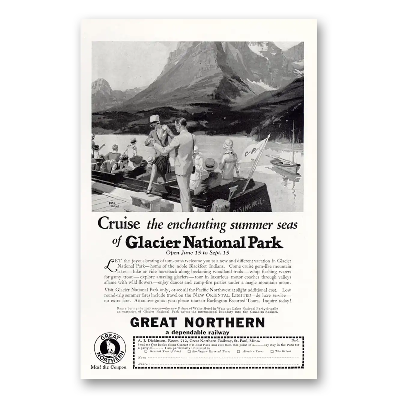 1927 Great Northern Railway Cruise Enchanting Summer Seas Glacier Vintage Magazine Print Ad