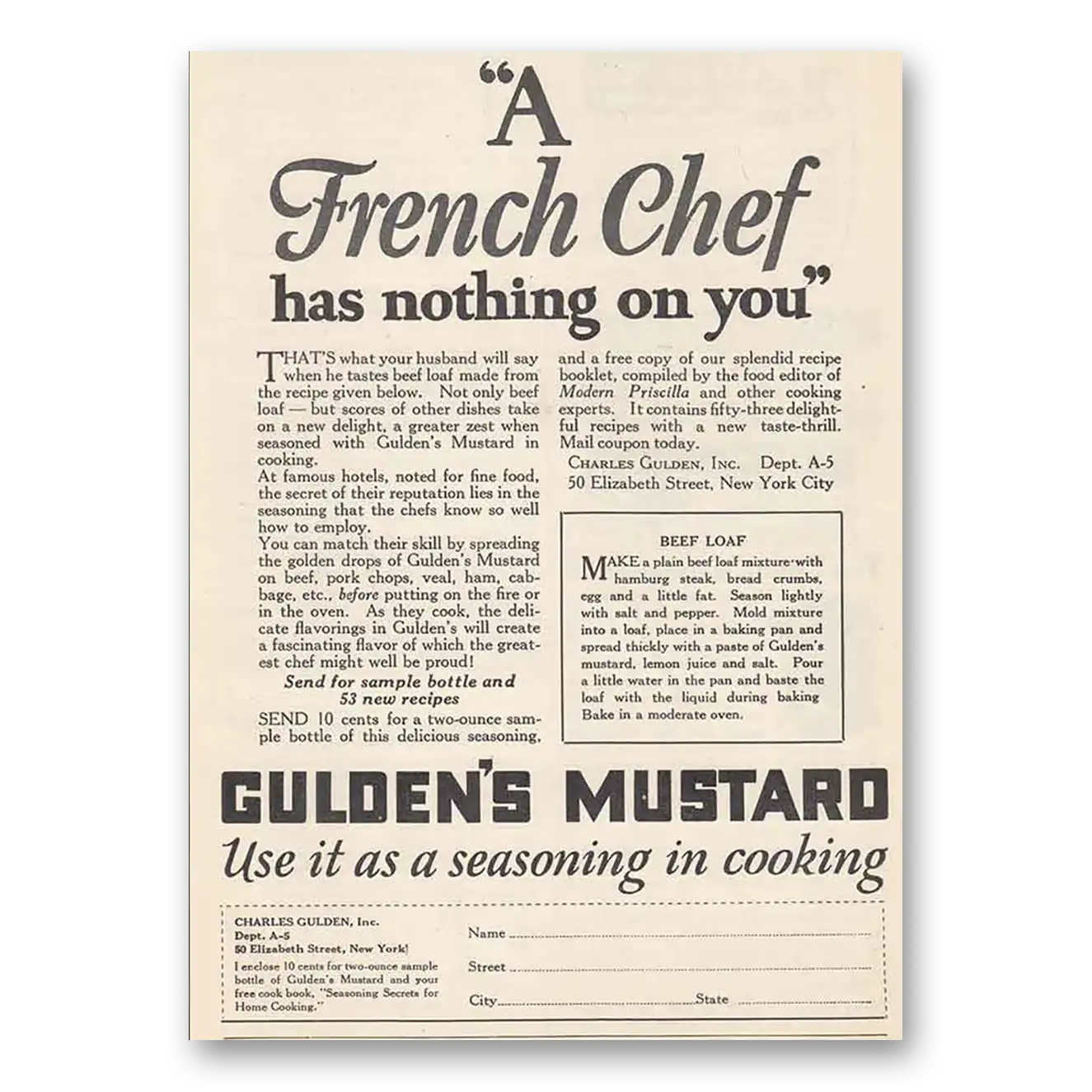 1927 Guldens Mustard Mustard A French Chef Has Nothing on You Vintage Magazine Print Ad