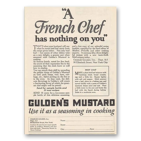 1927 Guldens Mustard Mustard A French Chef Has Nothing on You Vintage Magazine Print Ad