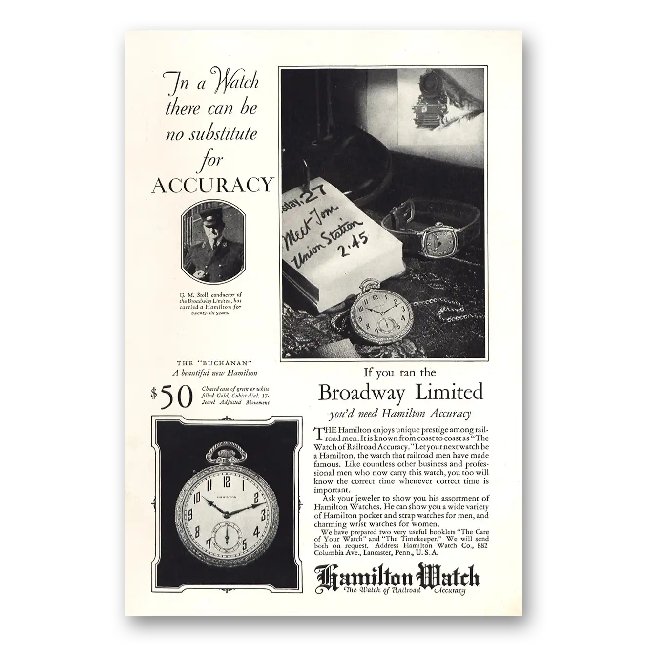 1927 Hamilton Watch You Ran the Broadway Limited Vintage Magazine Print Ad