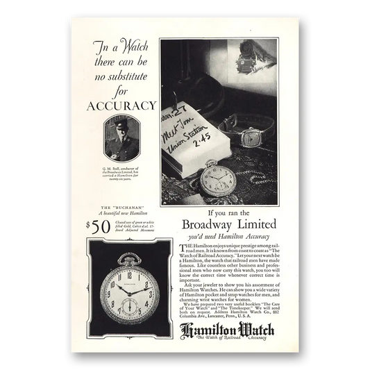 1927 Hamilton Watch You Ran the Broadway Limited Vintage Magazine Print Ad