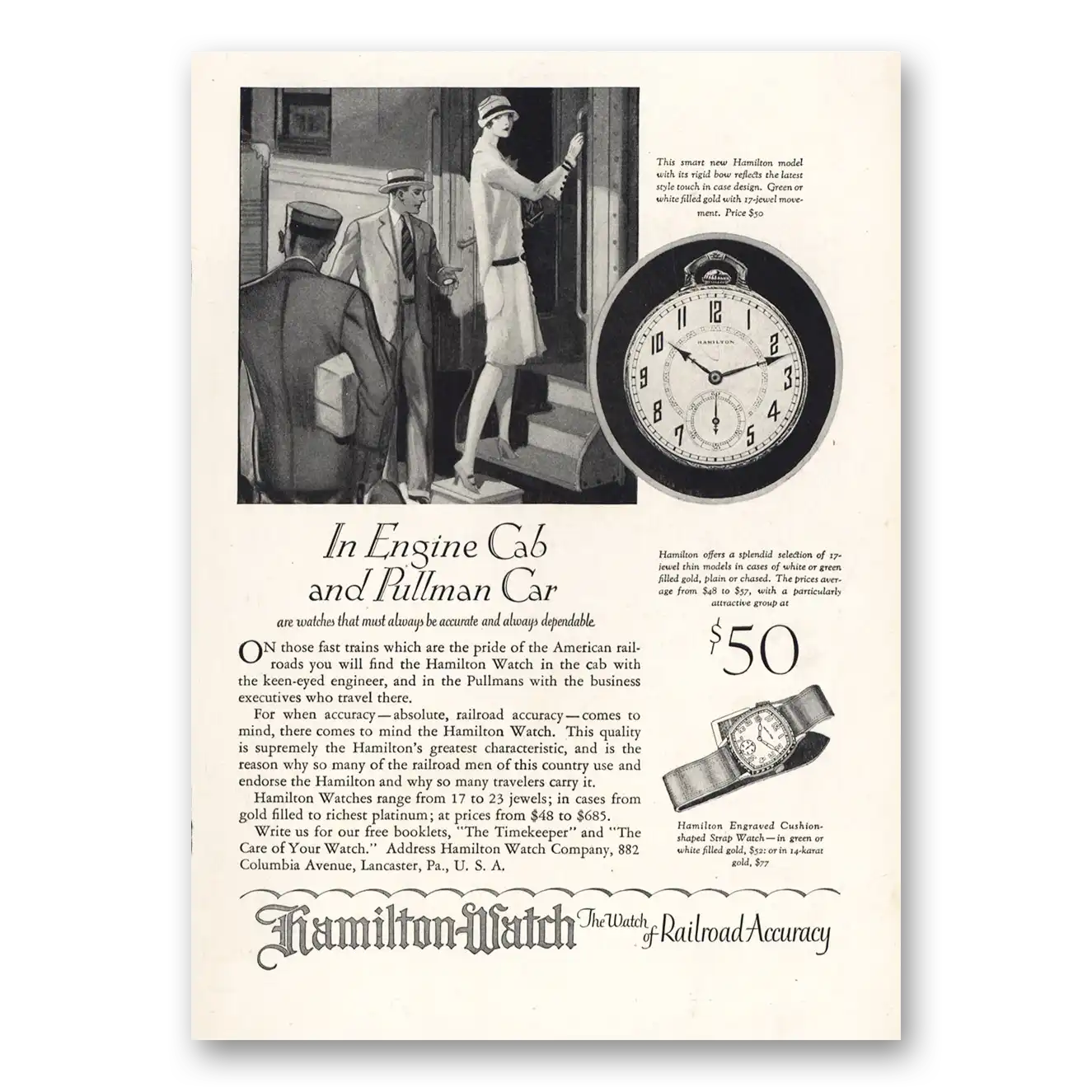 1927 Hamilton Watch Engine Cab and Pullman Car Vintage Magazine Print Ad