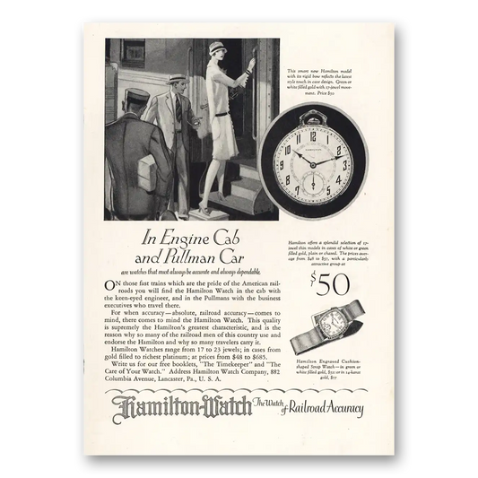 1927 Hamilton Watch Engine Cab and Pullman Car Vintage Magazine Print Ad