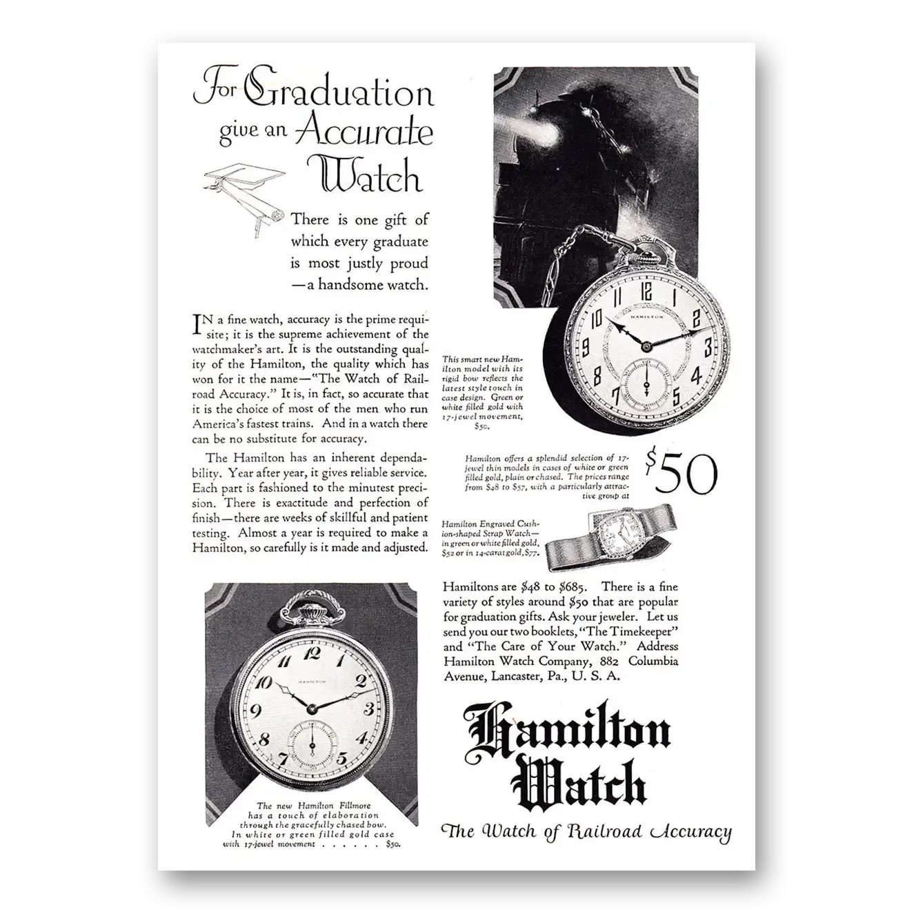 1927 Hamilton Watch For Graduation Give an Accurate Watch Vintage Magazine Print Ad