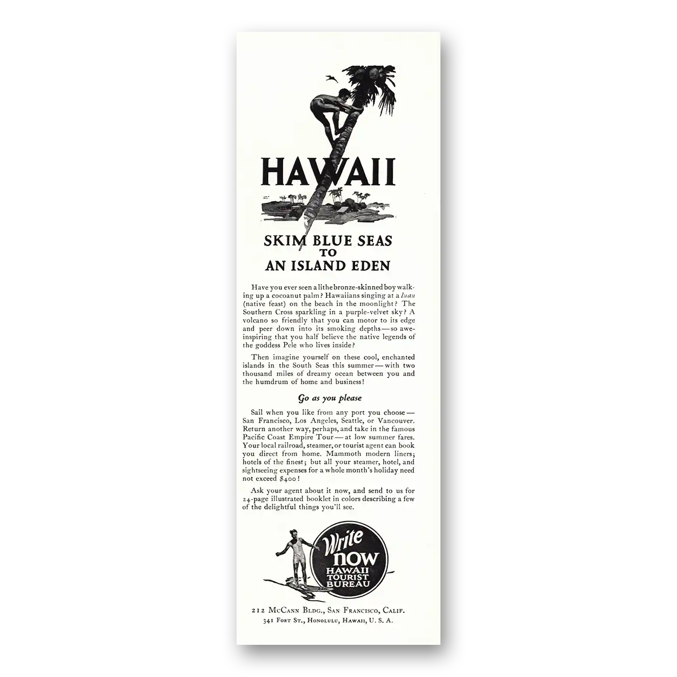 1927 Hawaii Skim Blue Seas to An Island Eden Vintage Magazine Print Ad