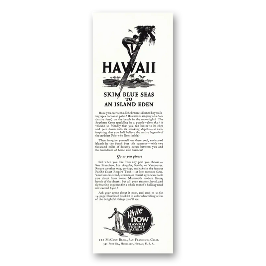 1927 Hawaii Skim Blue Seas to An Island Eden Vintage Magazine Print Ad