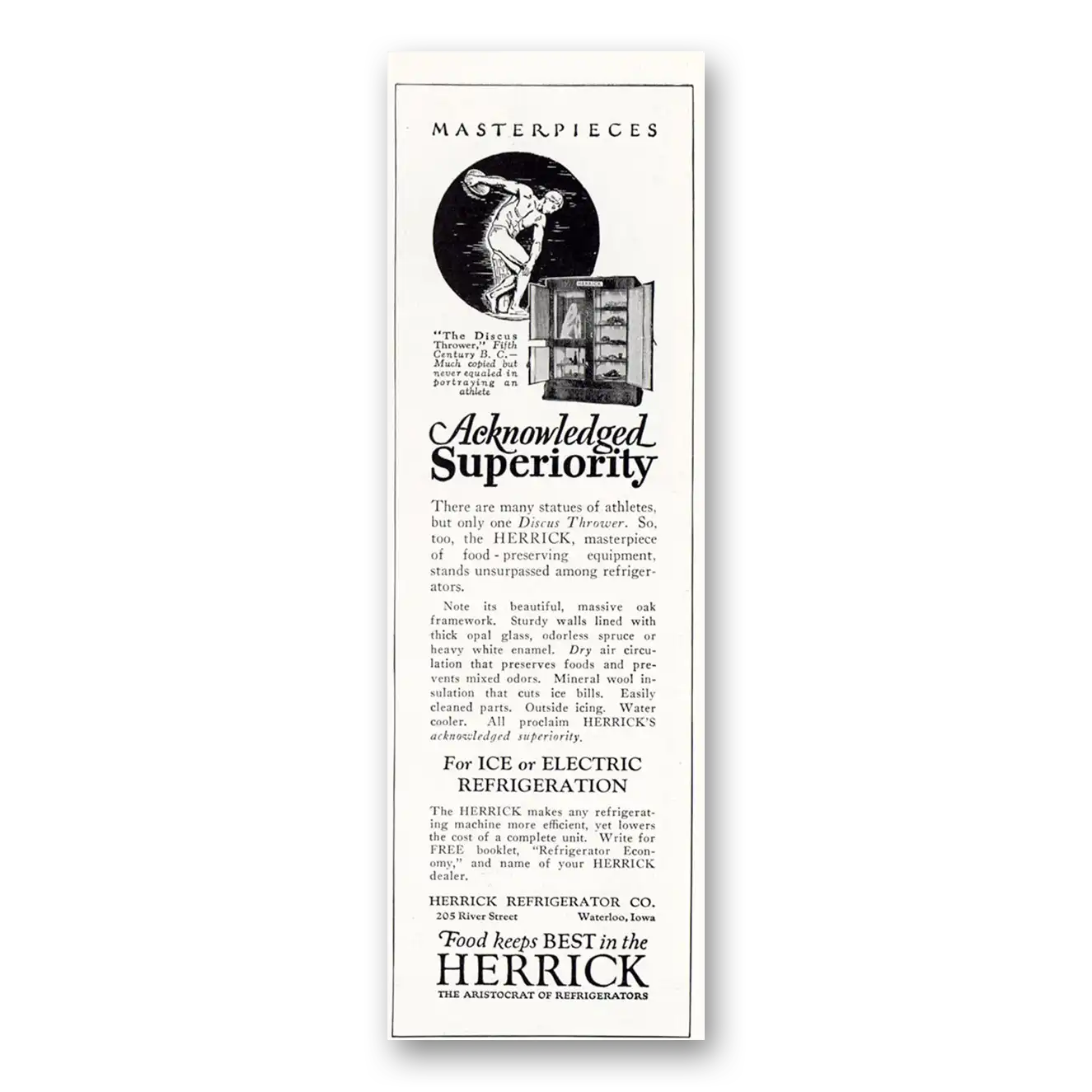 1927 Herrick Refrigerator Acknowledged Superiority Vintage Magazine Print Ad