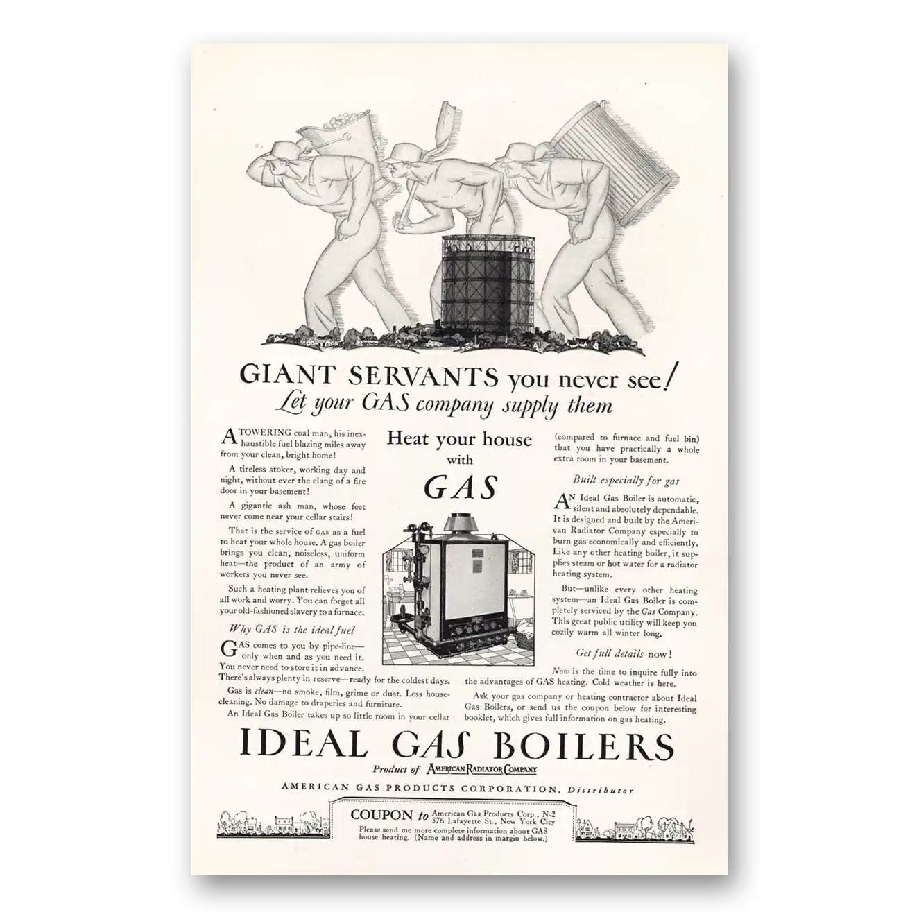 1927 Ideal Gas Boilers Giant Servants You Never See Vintage Magazine Print Ad