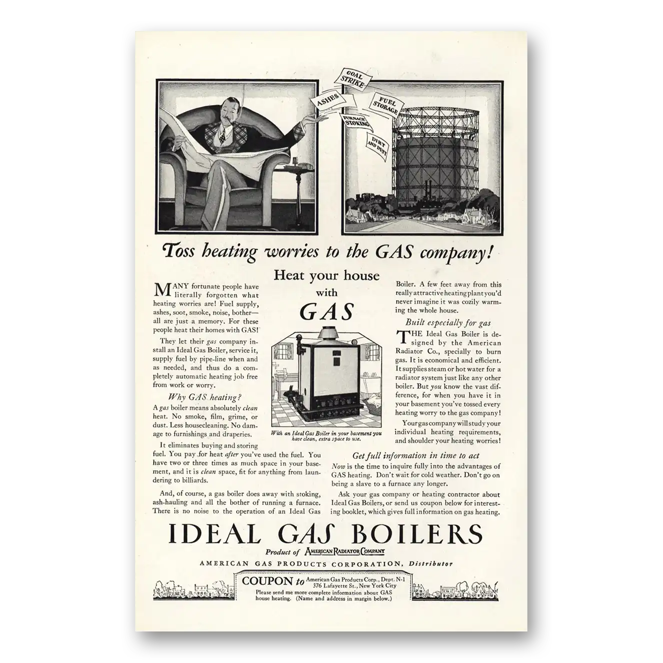 1927 Ideal Gas Boilers Toss Heating Worries to the Gas Company Vintage Magazine Print Ad