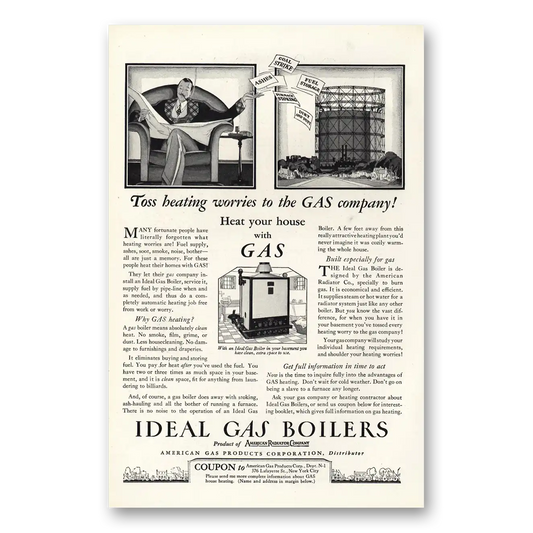 1927 Ideal Gas Boilers Toss Heating Worries to the Gas Company Vintage Magazine Print Ad