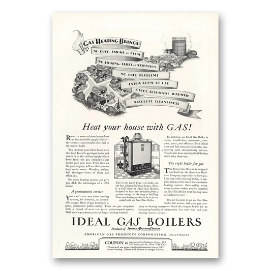 1927 Ideal Gas Boilers No Dust Smoke or Film Vintage Magazine Print Ad