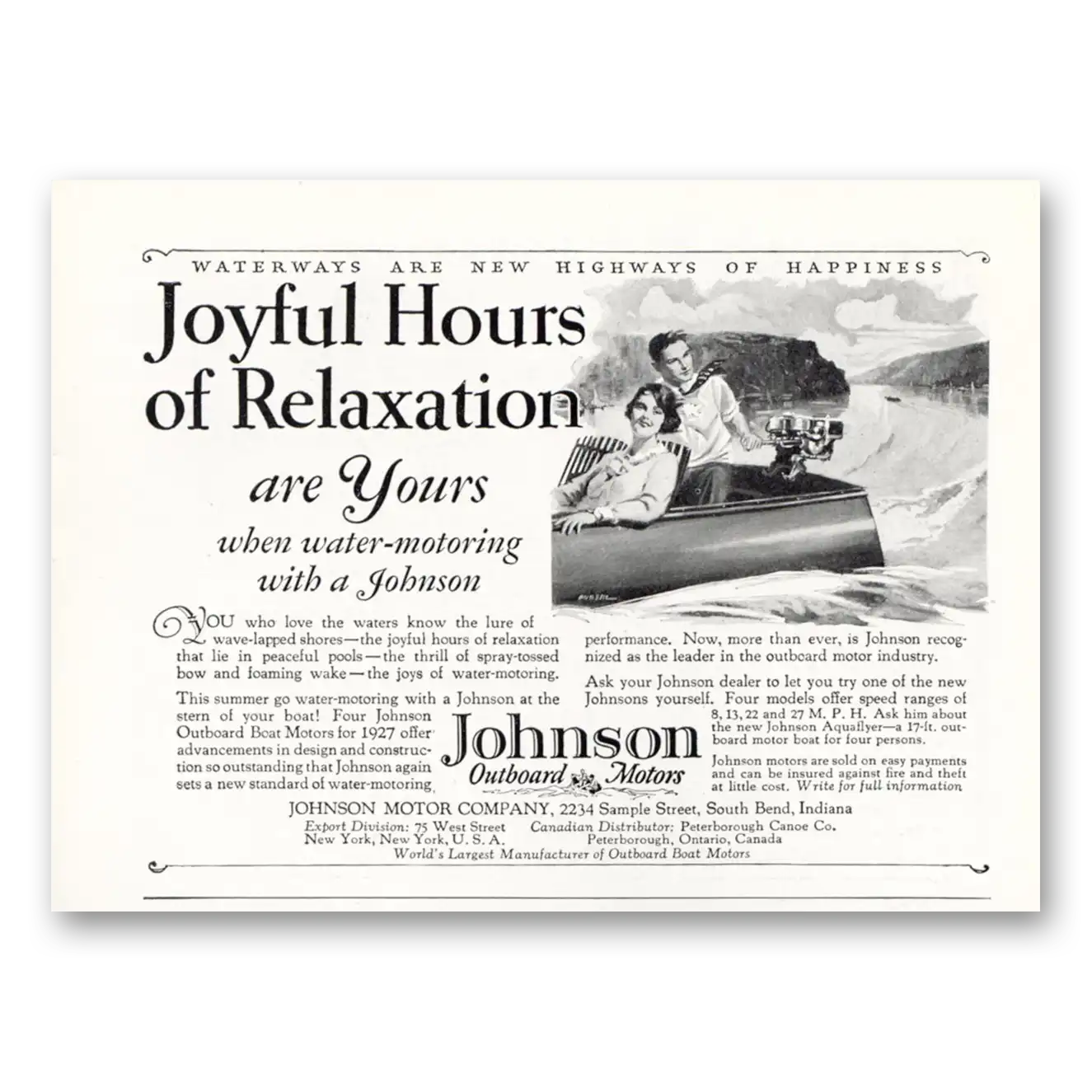 1927 Johnson Outboard Motors Overboard Motors Joyful Hours of Relaxation Vintage Magazine Print Ad