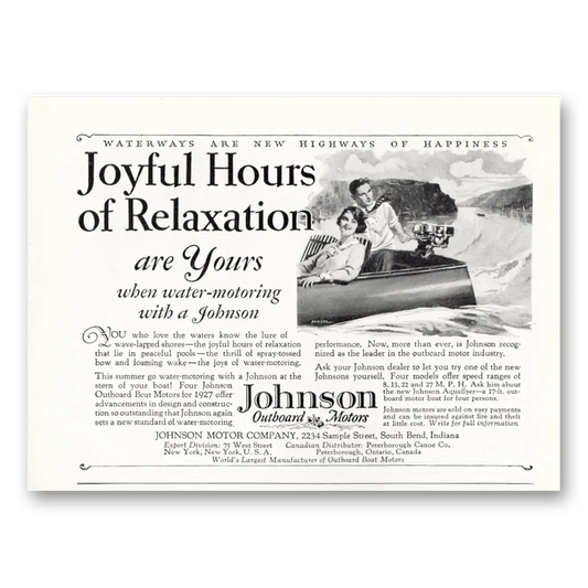 1927 Johnson Outboard Motors Overboard Motors Joyful Hours of Relaxation Vintage Magazine Print Ad