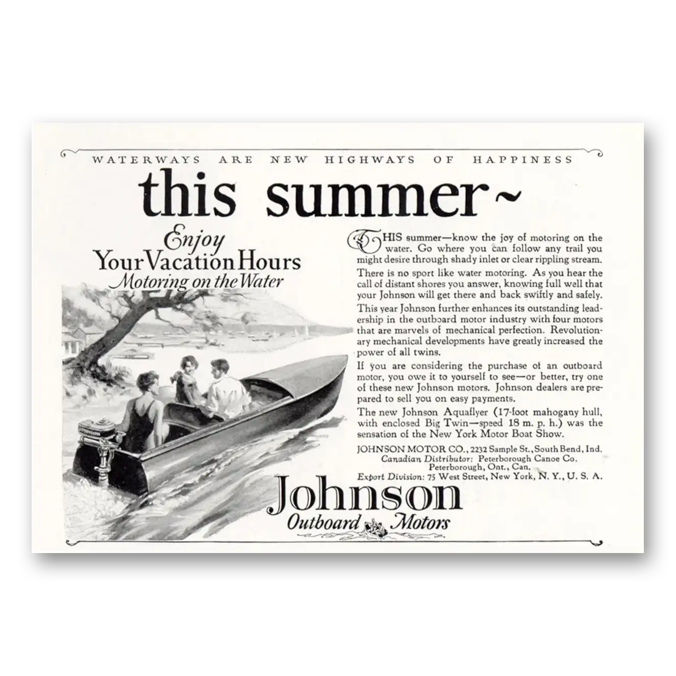 1927 Johnson Outboard Motors This Summer Enjoy Your Vacation Hours Vintage Magazine Print Ad