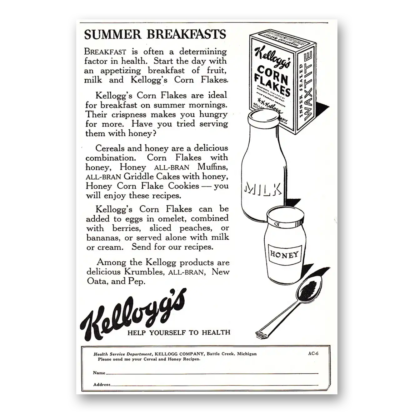 1927 Kelloggs Corn Flakes Summer Breakfasts Vintage Magazine Print Ad