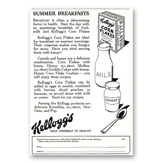 1927 Kelloggs Corn Flakes Summer Breakfasts Vintage Magazine Print Ad