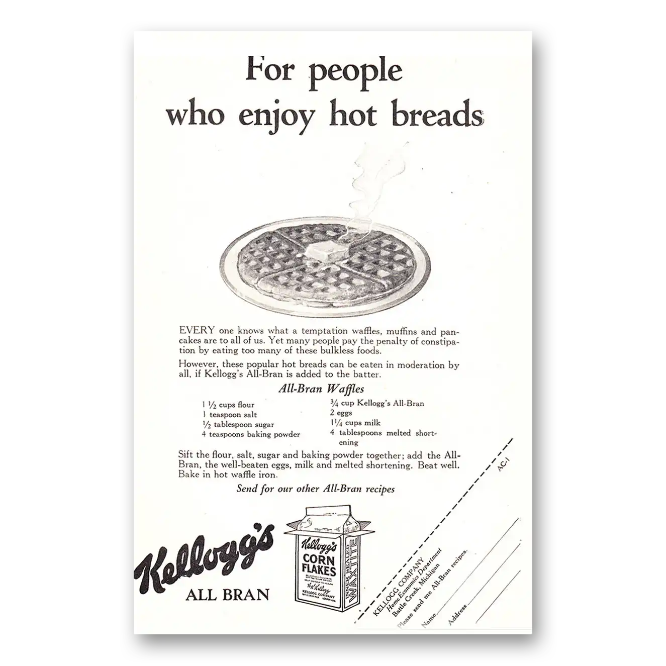 1927 Kelloggs Corn Flakes People Who Enjoy Hot Breads Vintage Magazine Print Ad