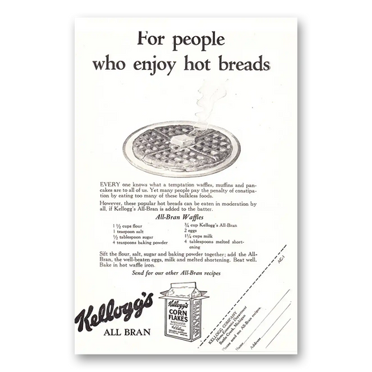 1927 Kelloggs Corn Flakes People Who Enjoy Hot Breads Vintage Magazine Print Ad