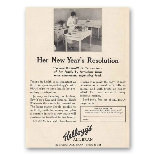 1927 Kelloggs All Bran Cereal New Years Resolution Vintage Magazine Print Ad