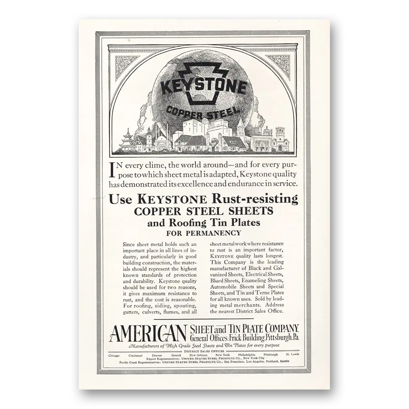 1927 Keystone Copper Steel Rust Resisting Roofing Tin Plates Vintage Magazine Print Ad