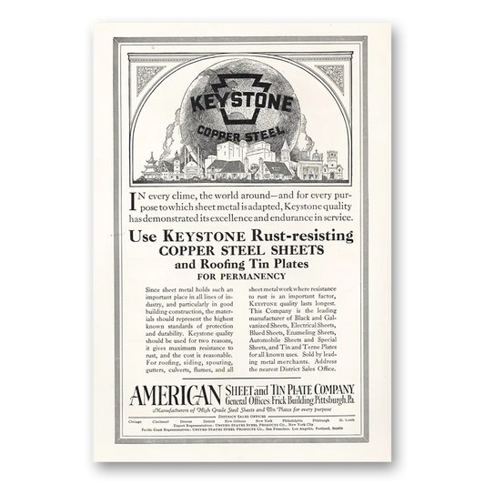 1927 Keystone Copper Steel Rust Resisting Roofing Tin Plates Vintage Magazine Print Ad