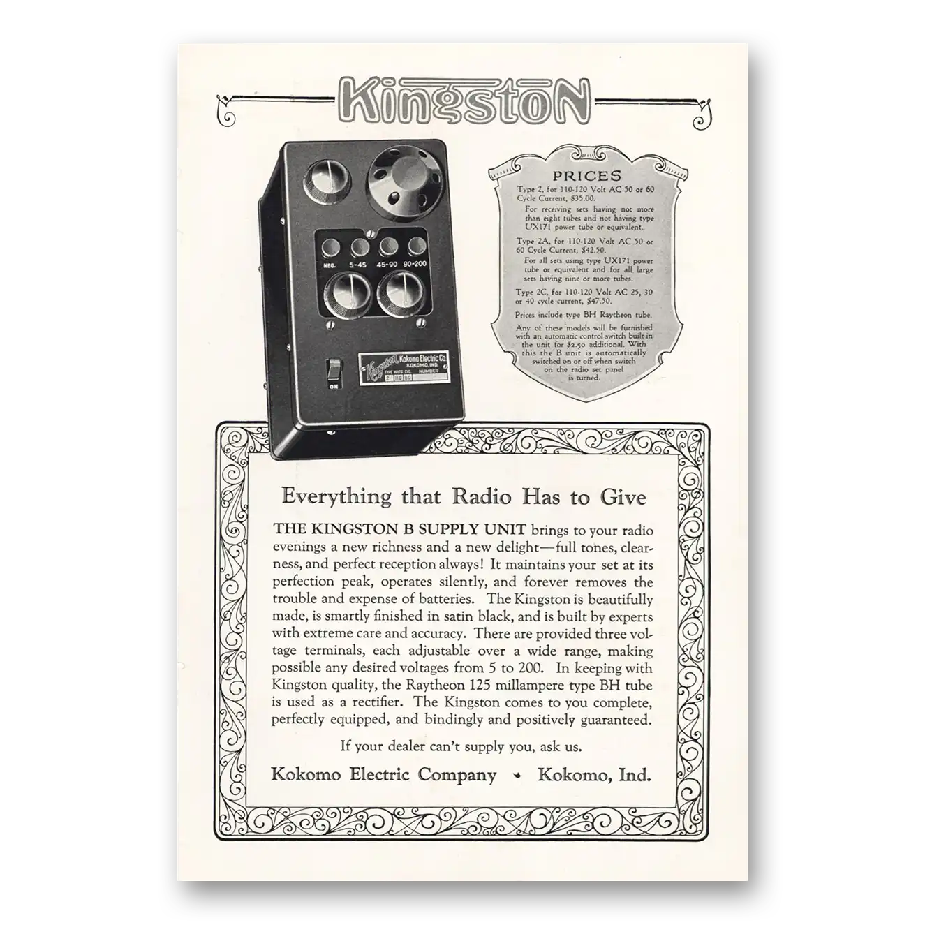 1927 Kingston B Current Supply Unit Everything That Radio Has to Give Vintage Magazine Print Ad