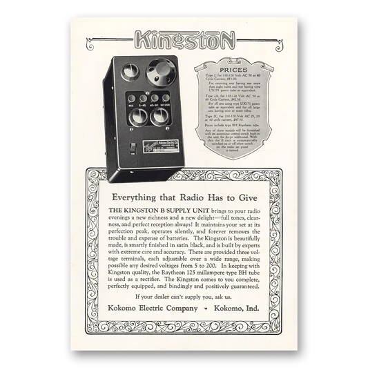 1927 Kingston B Current Supply Unit Everything That Radio Has to Give Vintage Magazine Print Ad