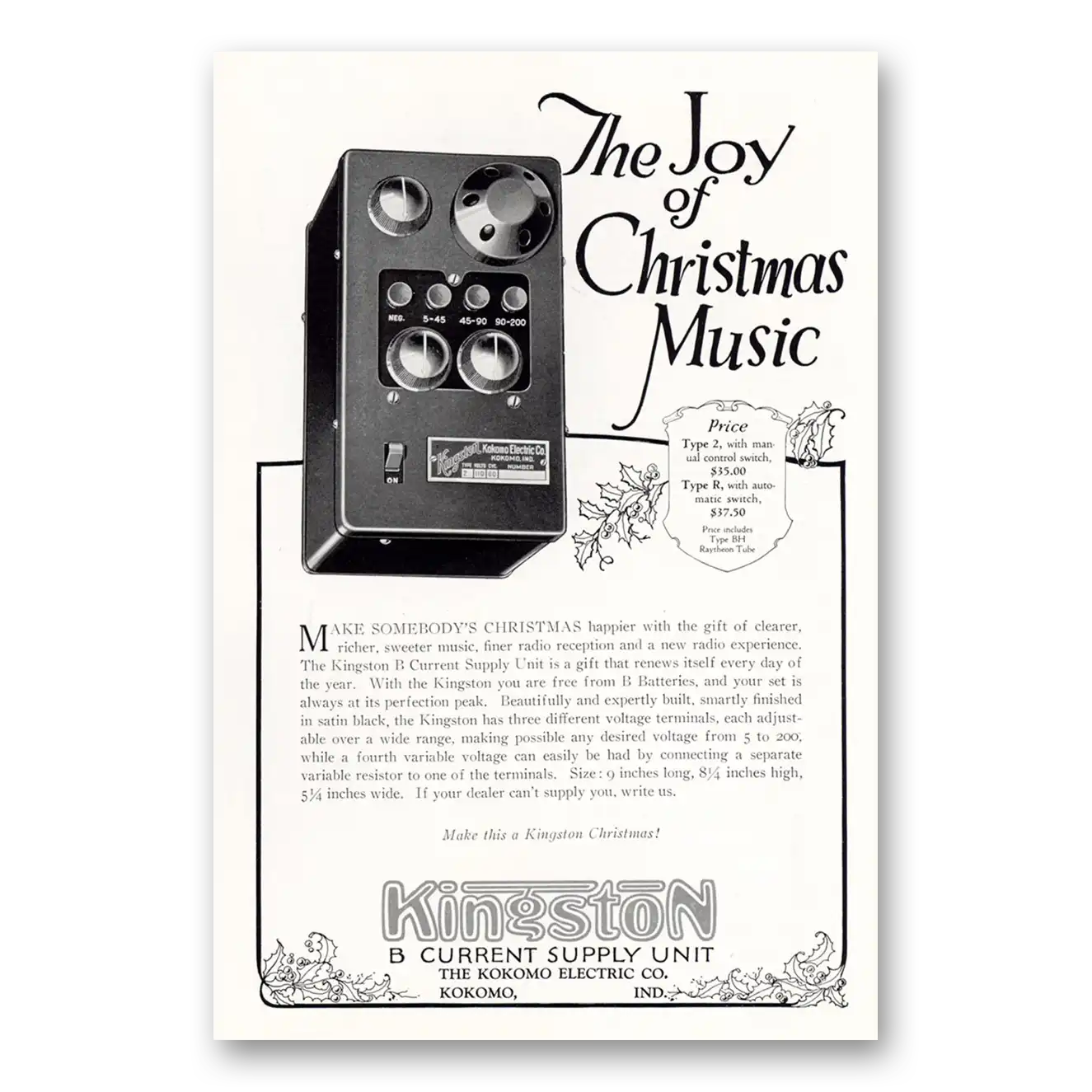 1927 Kingston B Current Supply Unit Joy of Christmas Music Vintage Magazine Print Ad