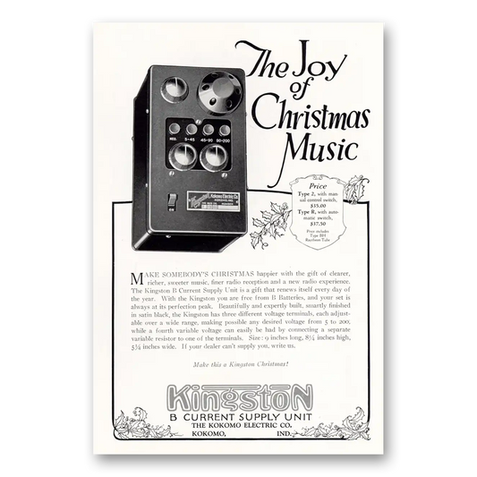 1927 Kingston B Current Supply Unit Joy of Christmas Music Vintage Magazine Print Ad