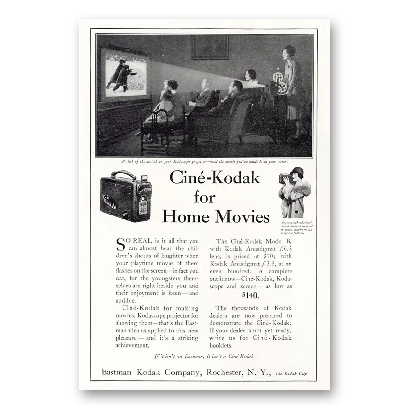 1927 Cine Kodak B Camera Home Movies Kodascope Projector Vintage Magazine Print Ad