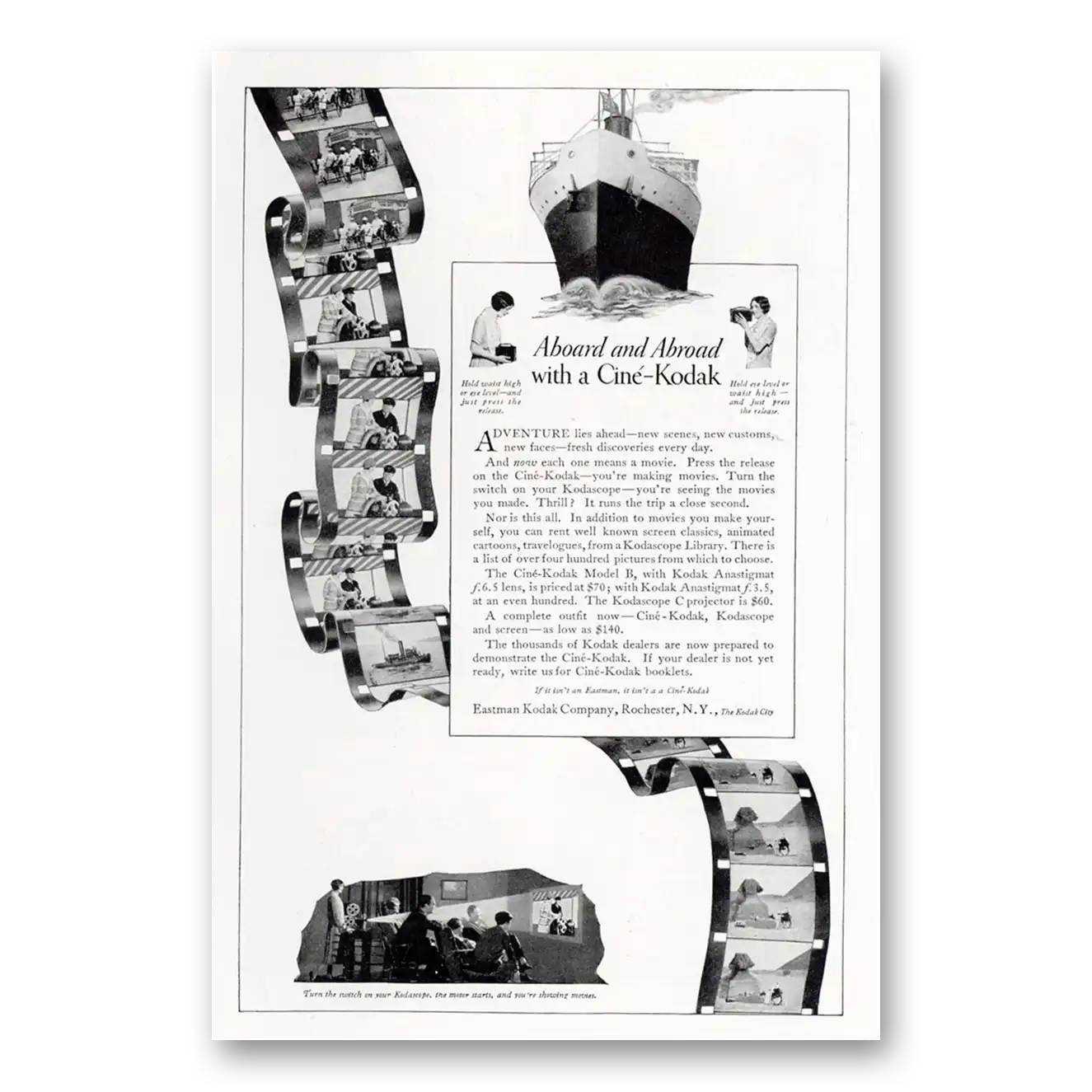 1927 Cine Kodak B Camera Aboard and Abroad Vintage Magazine Print Ad