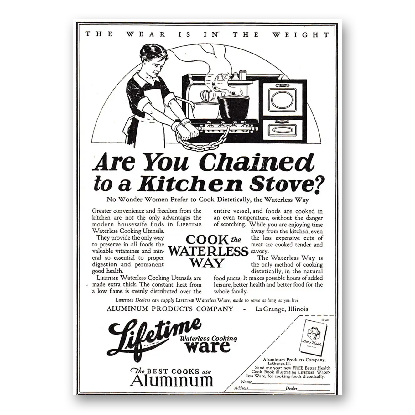 1927 Aluminum Products Company Are You Chained to a Kitchen Stove Vintage Magazine Print Ad