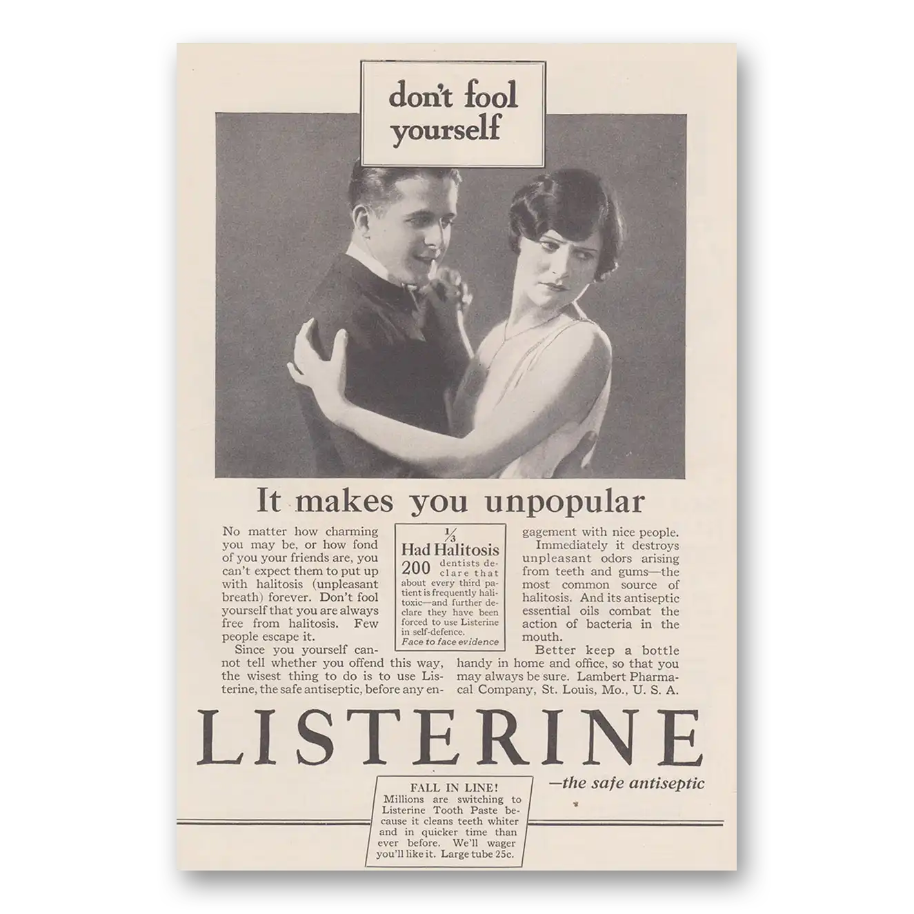 1927 Listerine Don't Fool Yourself It Makes You Unpopular Vintage Magazine Print Ad