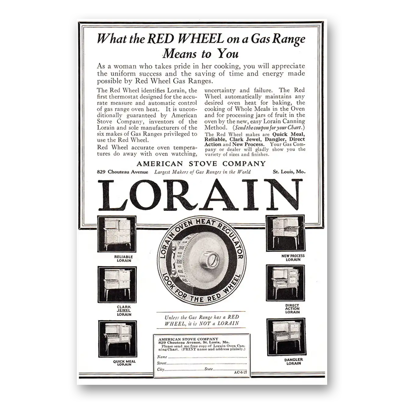 1927 Lorain Gas Ranges Lorain Red Wheel Gas Ranges Vintage Magazine Print Ad