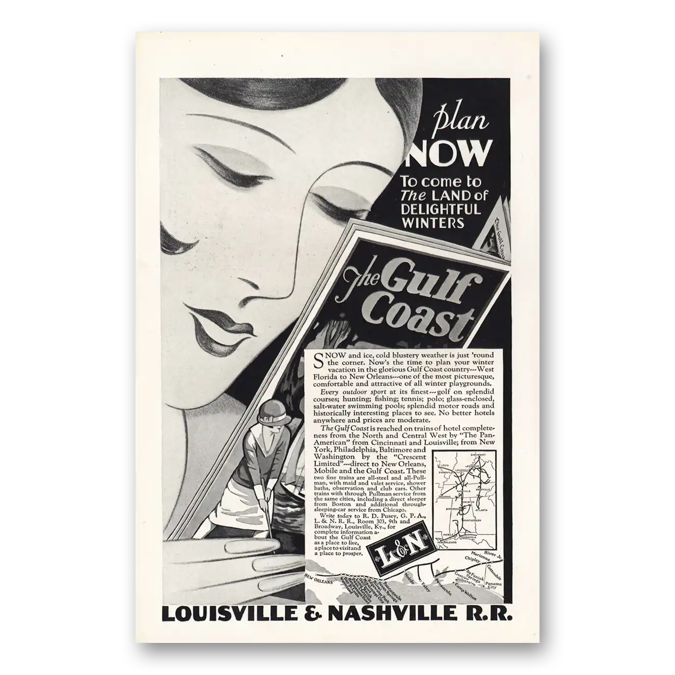 1927 Louisville & Nashville Railroad Land of Delightful Winters Gulf Coast Vintage Magazine Print Ad