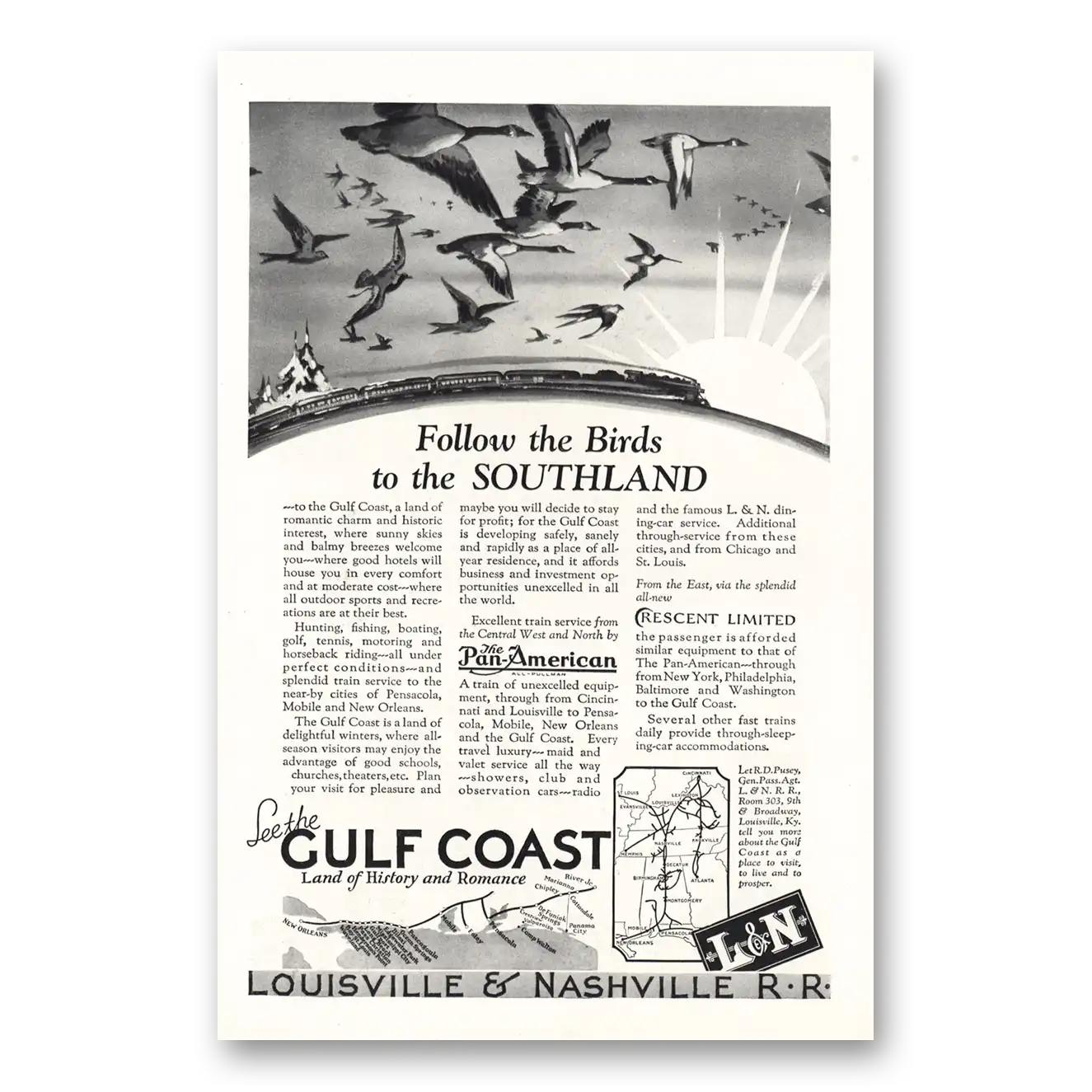 1927 Louisville & Nashville Railroad Follow the Birds Southland Vintage Magazine Print Ad